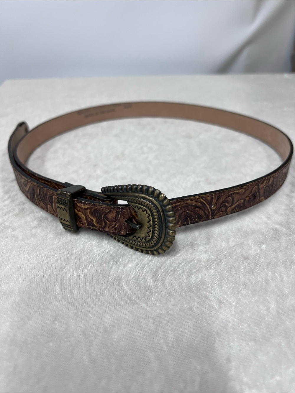 Hand-Tooled Brown Leather Western-Style Belt w/Antique Brass Buckle s/m